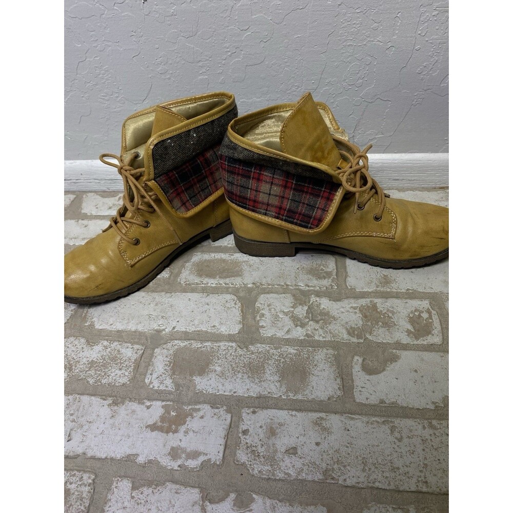 Rampage RAM-JACKSON Tan Plaid Foldable Cuff Lace-Up Combat Boots 10M